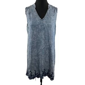 Michael Stars Strappy Back Blue Chambray Mini Shift Dress Embroidered Linen M